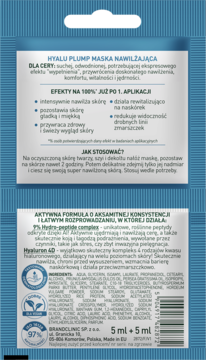 Tył opakowania maski Hyalu Plump, nawilżającej, na niebieskim tle ze składem: Hyaluron 4D i Hydro-Peptide Complex.