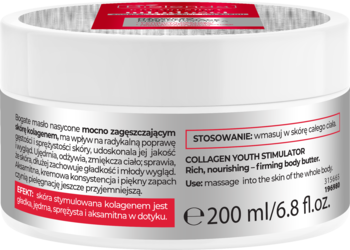 Białe masło do ciała Bielenda Kolagenowy Stymulator Młodości 200ml, widok z przodu etykiety na słoiku.
