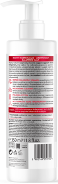 Tył białej butelki Bielenda Kolagenowy Stymulator Młodości, balsam do ciała z pompką, widoczne informacje o składzie.