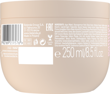 Tył beżowego opakowania masła do ciała Bielenda Sandalwood, z widocznym kodem kreskowym i pojemnością 250 ml.