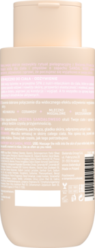 Tył beżowej butelki odżywczego mleczka Bielenda Private Spa Sandalwood, widoczne informacje o składnikach.
