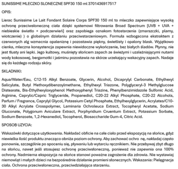 Szczegółowy opis mleczka Lierac Sunissime SPF30, skład i sposób użycia na białym tle, tekst po polsku.