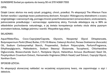 Fragment etykiety Lierac The Aftersun Face Sorbet, widoczne składniki i opis działania.