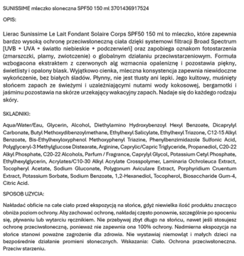 Arkusz opisujący mleczko słoneczne Lierac Sunissime SPF 50, z pełnym opisem, składnikami i sposobem użycia.