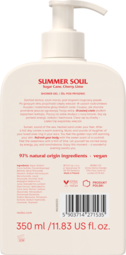 Tył białego żelu pod prysznic Resibo Summer Soul, z napisem Sugar Cane Cherry Lime, składem i logo vegan, 350 ml.