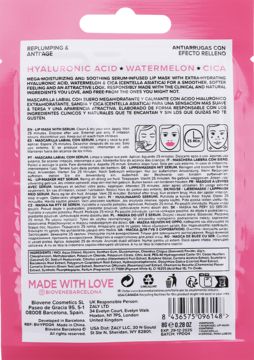Tył różowej saszetki Biovène Watermelon Lip Mask z kwasem hialuronowym i CICA, z instrukcjami i składem.