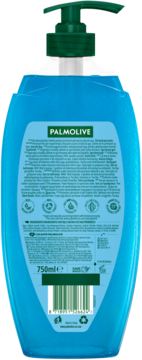Tył Palmolive żelu pod prysznic Thermal Spa, niebieska butelka 750ml z solą morską i aloesem, lista składników.