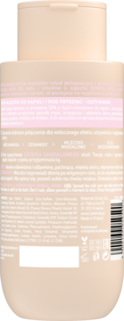 Tył beżowej butelki Bielenda Private SPA Nutri mleczko do kąpieli, drzewo sandałowe, z opisem składu.