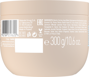 Tył beżowego słoika peelingu do ciańa Bielenda Private Spa Jasmin Blossom 300g, z etykietą i składem.