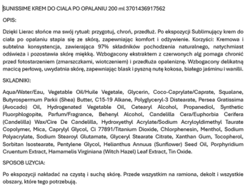 Dokument: opis Lierac Sunissime kremu po opalaniu 97% naturalnych składników o zapachu kokosa i jaśminu.