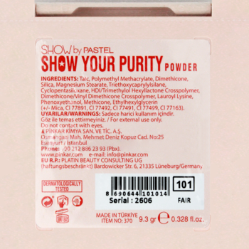 Tył opakowania matującego pudru w kamieniu Show Your Purity Pastel 101, widoczny kod kreskowy, skład.