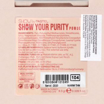 Tył opakowania matującego pudru Show Your Purity 104 Warm Tan, widoczna lista składników i kod kreskowy.