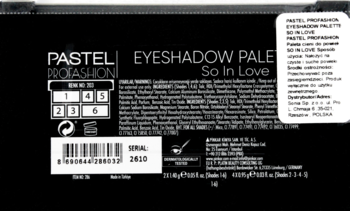 Tył czarnej palety cieni Pastel Profashion So In Love. Biały tekst, kod kreskowy, schemat 6 odcieni.