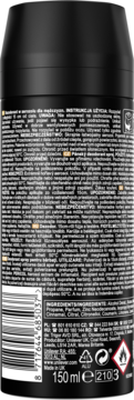Tył czarnego dezodorantu w sprayu Axe Dark Temptation 150 ml, widoczne etykiety z informacjami i kod kreskowy.