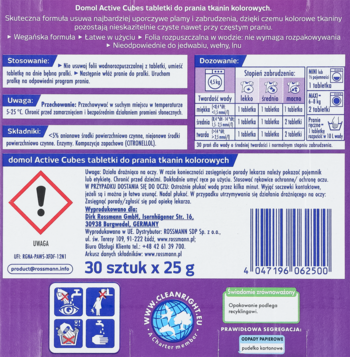 Domol Active Cubes tabletki do koloru, tył fioletowego opakowania z listą składników i kodem kreskowym.