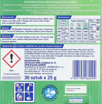 Domol Active Cubes, tył opakowania tabletek do białych tkanin z tabelą dawkowania i kodem kreskowym.