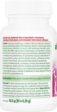 Tył białej butelki suplementu Libido dla niej, z etykietą przedstawiającą skład, witaminy i informacje o produkcie.