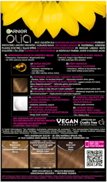 Tył pudełka trwałej farby Garnier Olia ciemny blond, ze wzornikiem kolorów i logo Vegan Formula.