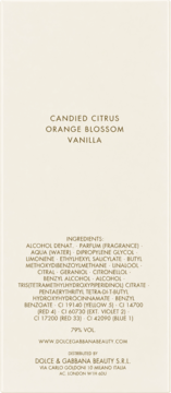 Tył opakowania Dolce & Gabbana Devotion EDP z listą składników i nutami: cytrus, kwiat pomarańczy, wanilia.