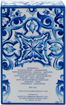Tył opakowania Dolce & Gabbana Light Blue Summer Vibes Pour Homme z biało-niebieskim wzorem majoliki i listą składników.