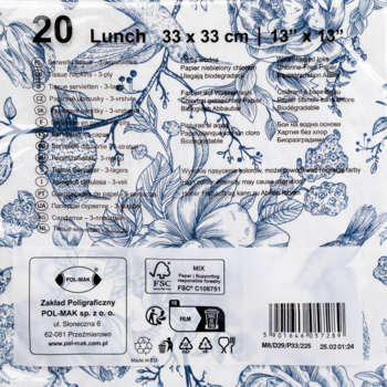 20 białych serwetek papierowych z niebieskim wzorem kwiatów i ptaków, 3-warstwowe, 33x33 cm, widok z przodu.
