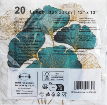 Serwetki papierowe Daisy z wzorem miłorzębu, turkus i złoto, 33x33cm, 20 sztuk, widok z przodu, ekologiczne.