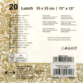 Tył opakowania złotych serwetek lunchowych 33x33 cm, 20 szt., 3-warstwowe, widoczny kod FSC i kreskowy.