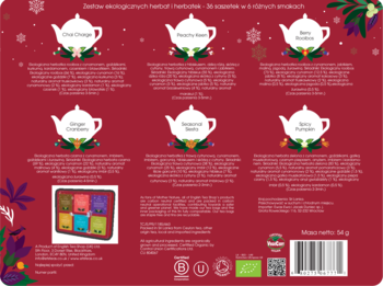 Tył świątecznego zestawu herbat English Tea Shop, 36 saszetek, 6 smaków, czerwone opakowanie, napisy.