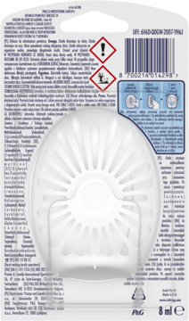 Tył opakowania odświeżacza Ambi Pur Bathroom Spring Awakening Lenor, biały wkład, instrukcje i kod kreskowy.