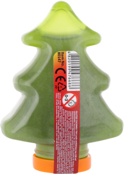 Tył zielonego Lovin slime choinki 130 ml z brokatem w plastikowym opakowaniu, widoczna etykieta produktu.