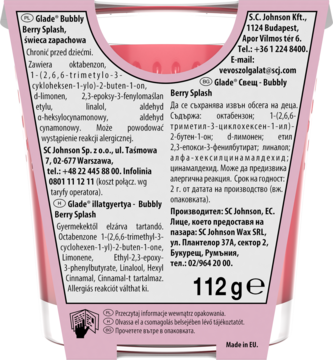 Tył opakowania świecy zapachowej Glade Bubbly Berry Splash 112g, z etykietami i tekstem.