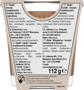 Tył opakowania świecy zapachowej Glade Sensual Sandalwood & Jasmine, 112g, z etykietami i danymi.