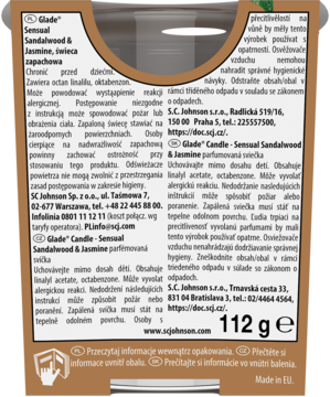 Tył brązowego opakowania świecy Glade Sensual Sandalwood & Jasmine 112g, z widocznymi informacjami i ostrzeżeniami PL/CZ.