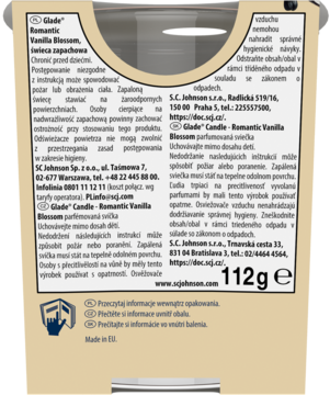 Glade świeca Romantic Vanilla Blossom 112g, tył beżowego opakowania z czytelnymi instrukcjami.