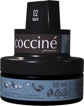 Krem do but&oacute;w Coccine Nano Wax czarny 50ml, słoik z gąbką do aplikacji, widok z przodu pod kątem.