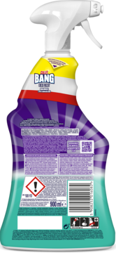 Tył butelki Cillit Bang 900 ml, z fioletową etykietą, białym atomizerem, kodem kreskowym i ostrzeżeniami.
