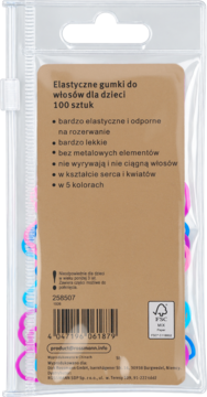 Tył opakowania 100 elastycznych gumek dla dzieci. Różowe i niebieskie serca oraz kwiaty, beżowa etykieta.