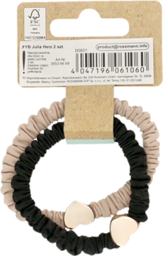 Dwie gumki do włosów Julia Herz, czarna i beżowa, z metalowymi serduszkami, na kartoniku Rossmann.