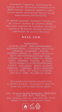 Tył czerwonego opakowania perfum Hugo Boss Alive Intense z białym tekstem, listą składników i danymi Coty.
