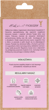 Tył brązowego opakowania drewnianego masażera Y, z różową etykietą, opisem korzyści i ikonami.