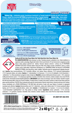Tył opakowania kostki WC Kret Color Power Water Lily, niebieskie tło, widoczne cechy 6+ Action.