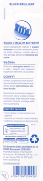Tył opakowania Prokudent Black Brilliant: szczoteczki z węglem aktywnym, recykling, kod kreskowy.