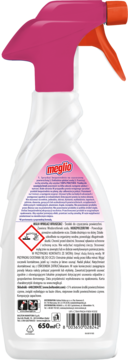 Tył białej butelki Meglio Odtłuszczacz z Wybielaczem 650ml z różowo-pomarańczowym spryskiwaczem.