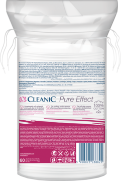 Tył opakowania Cleanic Pure Effect, miękkie płatki kosmetyczne z bawełny 100%, 60 sztuk. Różowa etykieta.