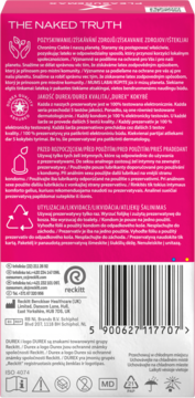Tył różowego opakowania prezerwatyw Durex z tekstem, kodem kreskowym i symbolami informacyjnymi.