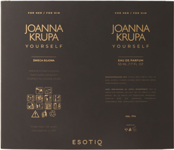 Tył opakowania zestawu Joanna Krupa Yourself Esotiq z perfumami unisex i świecą sojową, złote napisy.