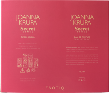 Różowe opakowanie perfum Joanna Krupa Secret Sense, widok z tyłu ze złotym tekstem.
