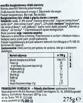 EnerBiO bezglutenowy chleb ziarnisty, tył opakowania z tabelą wartości odżywczych i składem.