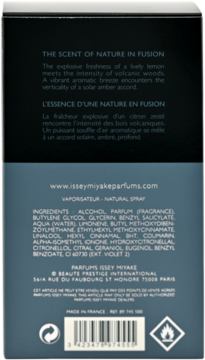 Tył opakowania męskiej wody toaletowej Issey Miyake Fusion d'Issey, z opisem zapachu i listą składników.