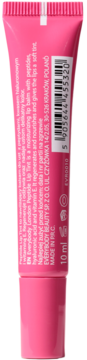 Różowy, nawilżający balsam do ust Everybody London Peptide Lip Tint, tył opakowania z tekstem i kodem kreskowym, 10ml.